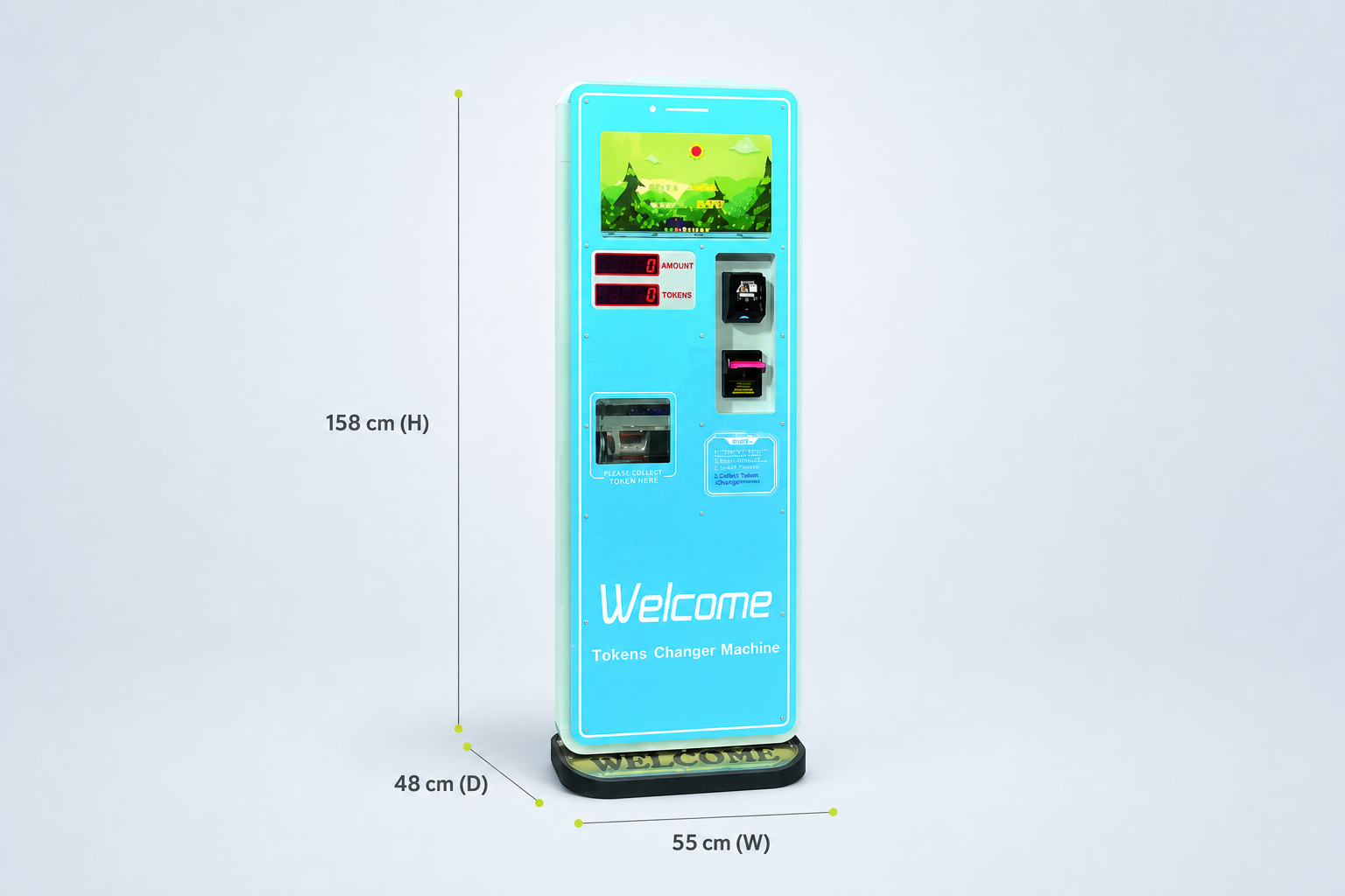 MZ-PG Token Machine dimensions: W 55 cm 脳 D 48 cm 脳 H 158 cm
