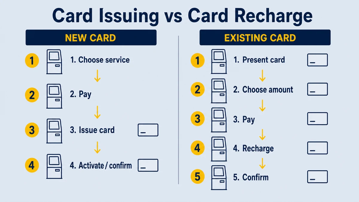 Workflow comparison between issuing a new arcade card and recharging an existing card